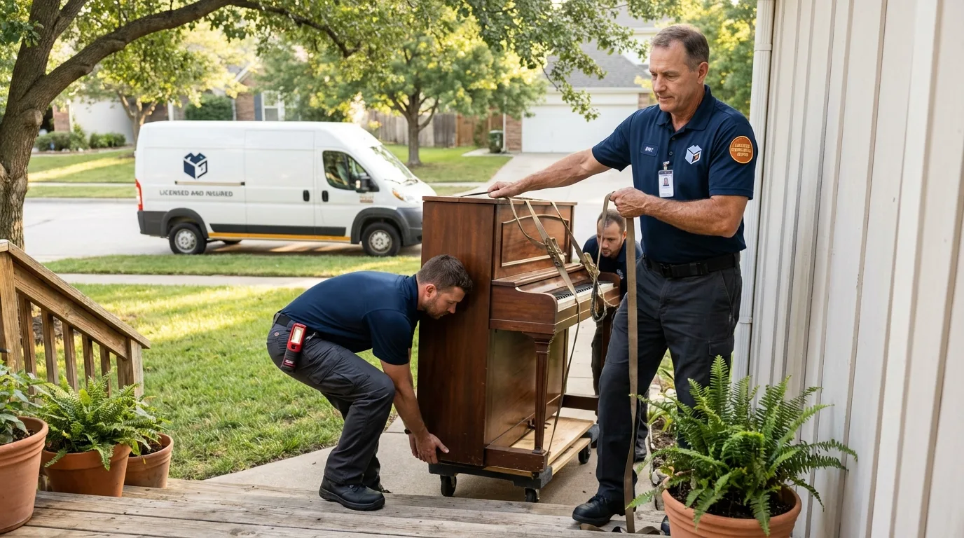 Licensed piano movers securing grand piano in Shrewsbury, NJ