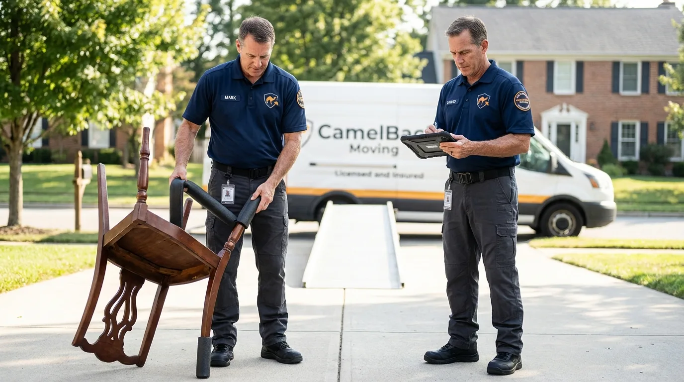 Movers inspecting furniture for damage prevention before loading in Shrewsbury, NJ