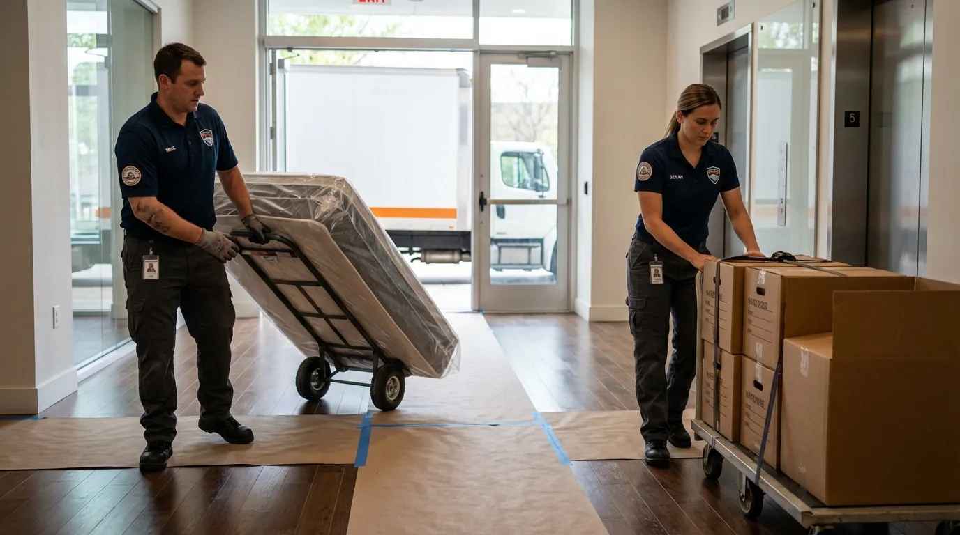 Professional apartment movers loading elevator in Shrewsbury, NJ